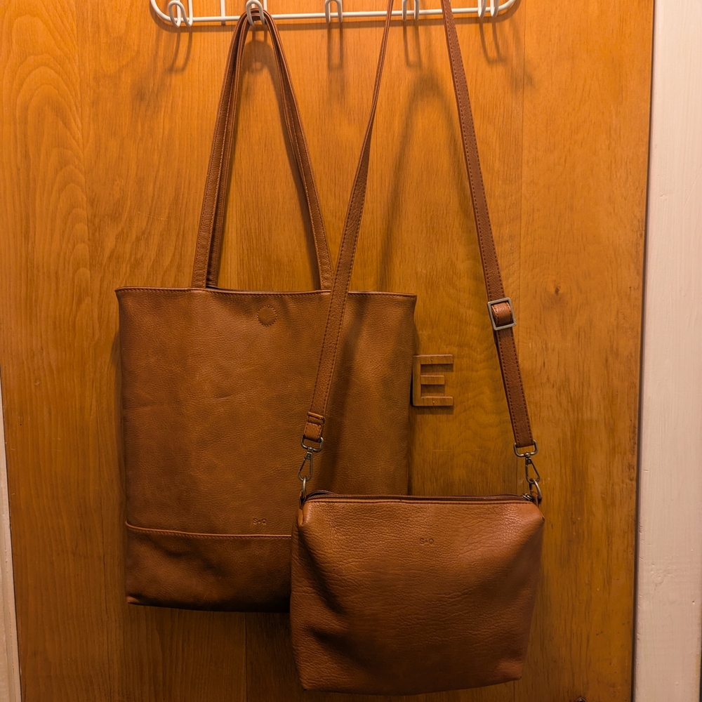 SQ Vegan Brown Leather Tote and Crossbody Bag Set